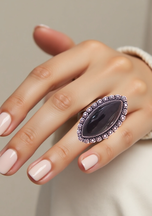 925 Silver Black Onyx Marquoise Cabochon Ring – Bold Statement Gift for Her”