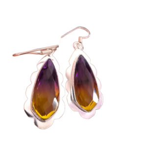 Elegant 925 sterling silver earrings featuring stunning ametrine gemstones, with their unique blend of amethyst and citrine hues, set in sleek silver settings that enhance their vibrant, dual-tone beauty