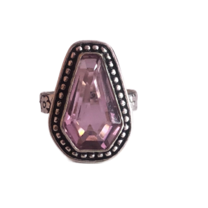 Close-up of a stunning Pink Kunzite ring set in 925 sterling silver, showcasing the gem’s delicate pastel hue and elegant faceting, perfect for adding a touch of elegance and spiritual energy to any look